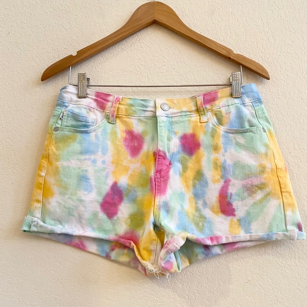 Judy Blue Tie Dye‎ Denim Shorts Rainbow Pastel Cuffed Distressed Size L Beachy
